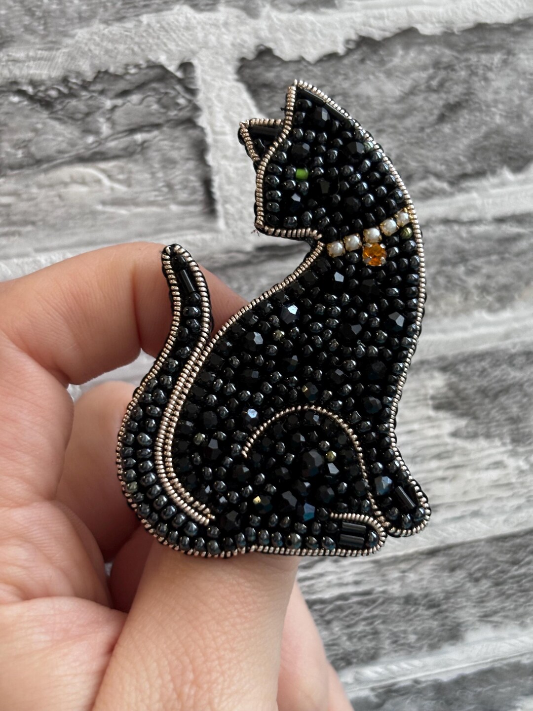 Handmade Black Cat Brooch With Spinel, Beads and Crystal Pearls ...