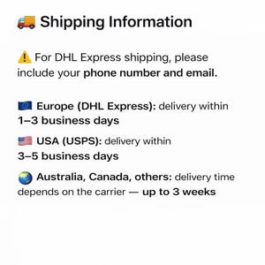 K&ouml;nnte beinhalten: Wei&szlig;er Hintergrund mit dem Text "Shipping Information" und einem kleinen LKW-Symbol. Der Text gibt Auskunft &uuml;ber die Versandzeiten f&uuml;r DHL Express nach Europa, USPS in die USA und andere Spediteure nach Australien und Kanada.