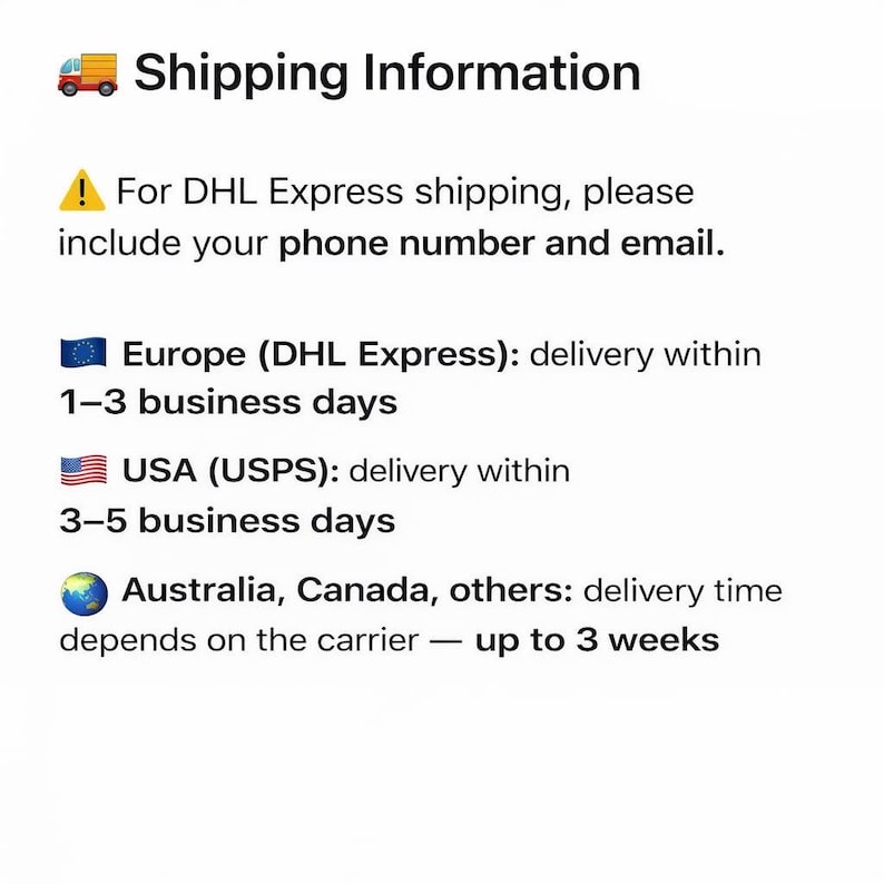 K&ouml;nnte beinhalten: Wei&szlig;er Hintergrund mit dem Text "Shipping Information" und einem kleinen LKW-Symbol. Der Text gibt Auskunft &uuml;ber die Versandzeiten f&uuml;r DHL Express nach Europa, USPS in die USA und andere Spediteure nach Australien und Kanada.