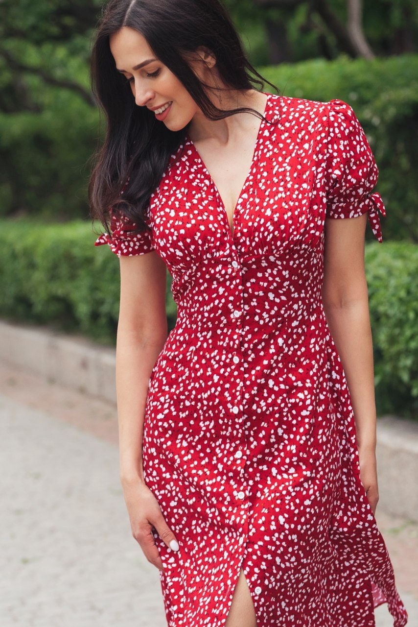 knee length dresses for ladies The Red V Neck Polka Dot Tie Back Midi Dress