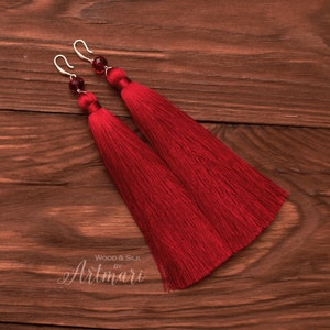 Long silk tassel earrings, Trendy statement earrings in red, Boho drop earrings, Trendy jewelry gift for her, Modern aesthetic earrings Red