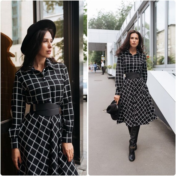 Black and White Midi Dress Long Sleeve A line Dress Fall Dress for Women Elegant Casual Dress Shirtwaist Dress Cotton Autumn Dress Etsy