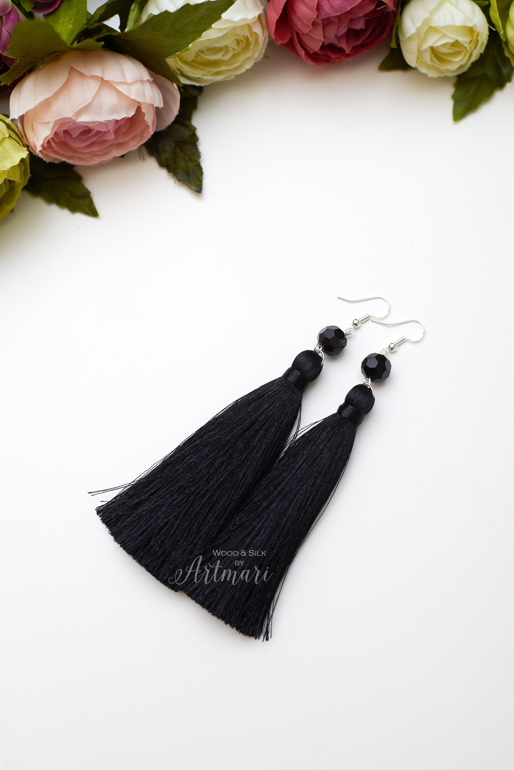 Black Tassel Earrings With Crystal Beads Fashion Long Tassel Fringe ...