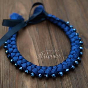 navy blue statement necklace, african trendy necklace, rope necklace, unique knotted necklace, chunky dark navy choker, textile jewelry