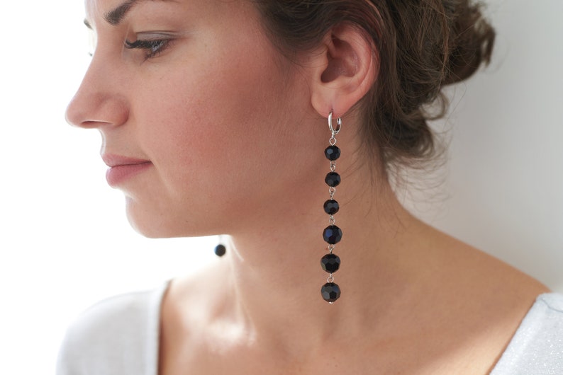 Black dangle earrings, Long crystal earrings, Black bead earring, Black drop earrings