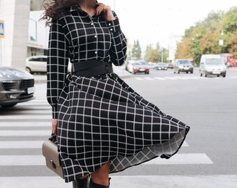 Black and White Midi Dress, Long Sleeve A-line Dress, Fall Dress for Women,  Elegant Casual Dress, Shirtwaist Dress, Cotton Autumn Dress - Etsy