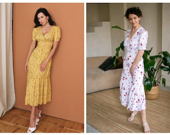 Yellow White Floral Midi Dress, Cottagecore Puff Sleeve Dress, Boho Summer Dress with Ruffle Hem, Feminine Vintage-Inspired Dress