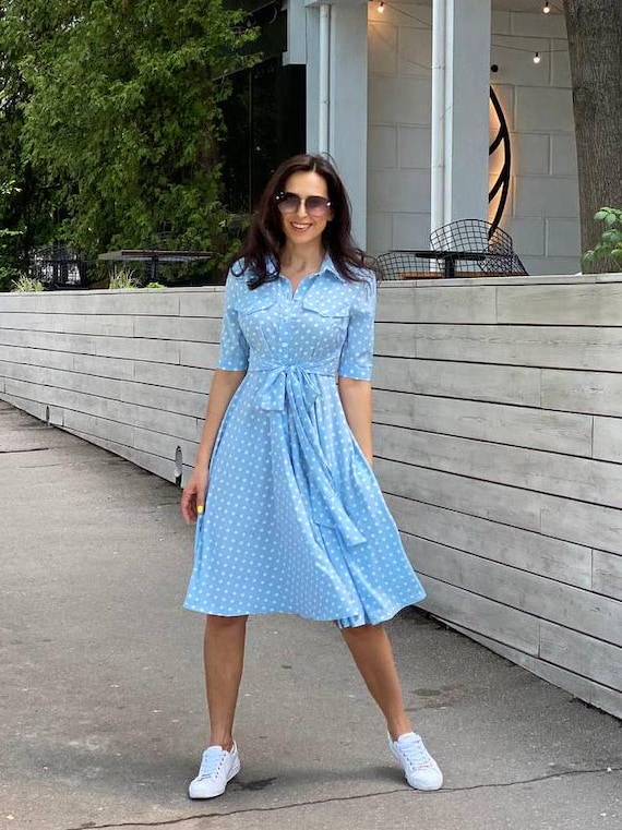 bright blue polka dot dress Blue Polka Dot Midi Shirt Dress with Button Closure and Wide Bow Belt
