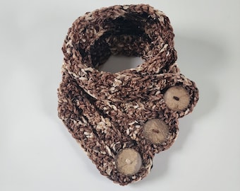 FREE SHIPPING! Softest Velvet Cowl in Natural Brown Tones with Three Wooden Buttons! Great Gift! 100% Polyester.