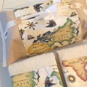 TISSUE BOX COVER - world map decor - tissue box cover - hand towel - map home decor - bathroom home decor -  map tissue cover -