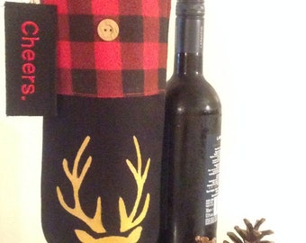WINE GIFT BAG - reindeer gift bag- wine tote bag - buffalo wine bag - zero waste wine bag -