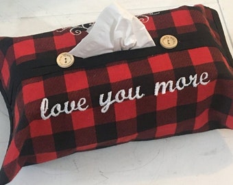 TISSUE BOX COVER - buffalo plaid home decor - gift for lovers- love you more gift - intertwined hearts * get a free handkerchief *