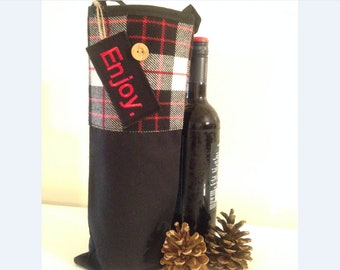 WINE TOTE BAG - checkered wine bag - checkered wine bag -  wine bag - black & white, red checkered - wine gift bag - zero waste gift bag