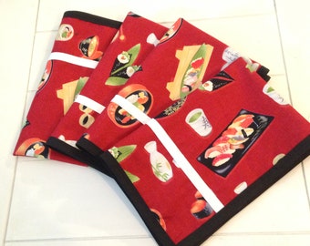 SUSHIS PLACEMAT SET -  sushi table linens - sushi placemats - sushi table runner - sushi kitchen decor - sushi party decor - sushis lovers