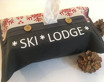 TISSUE BOX COVER - ski lodge decor - ski bedroom - ski bathroom - ski lovers gift - cabin decor - chalet decor - *get a free handkerchief*