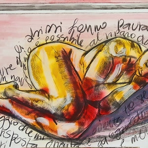 Painting mix medium charcoal on canvas 60x80x3 cm and poetry