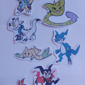 May include: A collection of colorful cartoon character stickers. The stickers feature various creatures in dynamic poses, with a variety of colors including blue, green, red, and white. The stickers are on a white background.