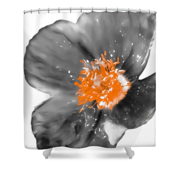 Grey Orange Poppy Shower Curtainwhite Gray Flowerfloral Etsy