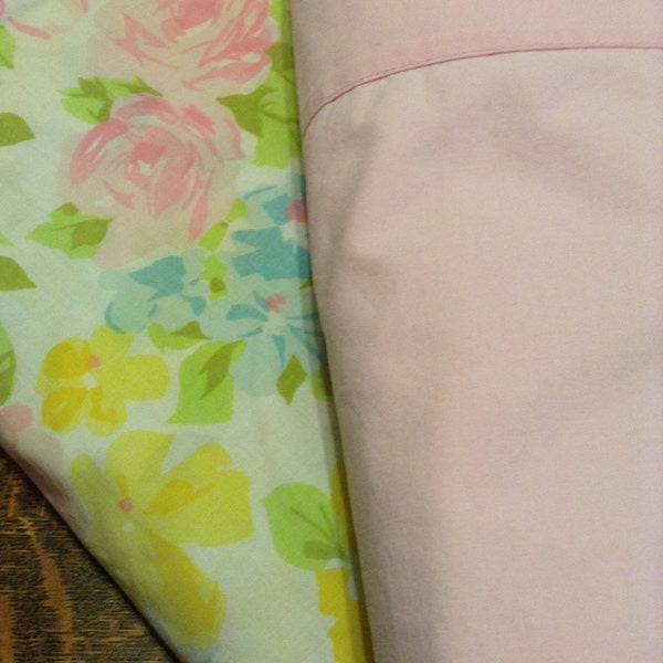 Vintage Twin Bed Sheet Remix Bright Pink Rose Floral Fitted and Flat- Cottage, Girls, Shabby, Farm, Romantic Bedding, Linens