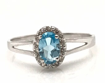 Blue Topaz Ring, December Birthstone Gemstone Engagement Ring, 14k White Gold Ring, Gift For Her