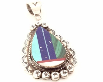 Zuni nativi americani gioielli, fatti a mano del sud-ovest indiano intarsio turchese ciondolo, collana dell'argento sterlina, regalo per le donne