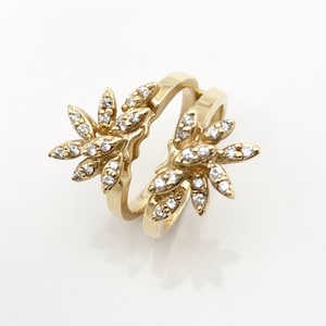 14k Diamond Wedding Ring Guard, Yellow Gold Ring Enhancer, Diamond Leaf Ring, Bridal Stack Wedding Rings, Anniversary Jewelry Gift For Wife