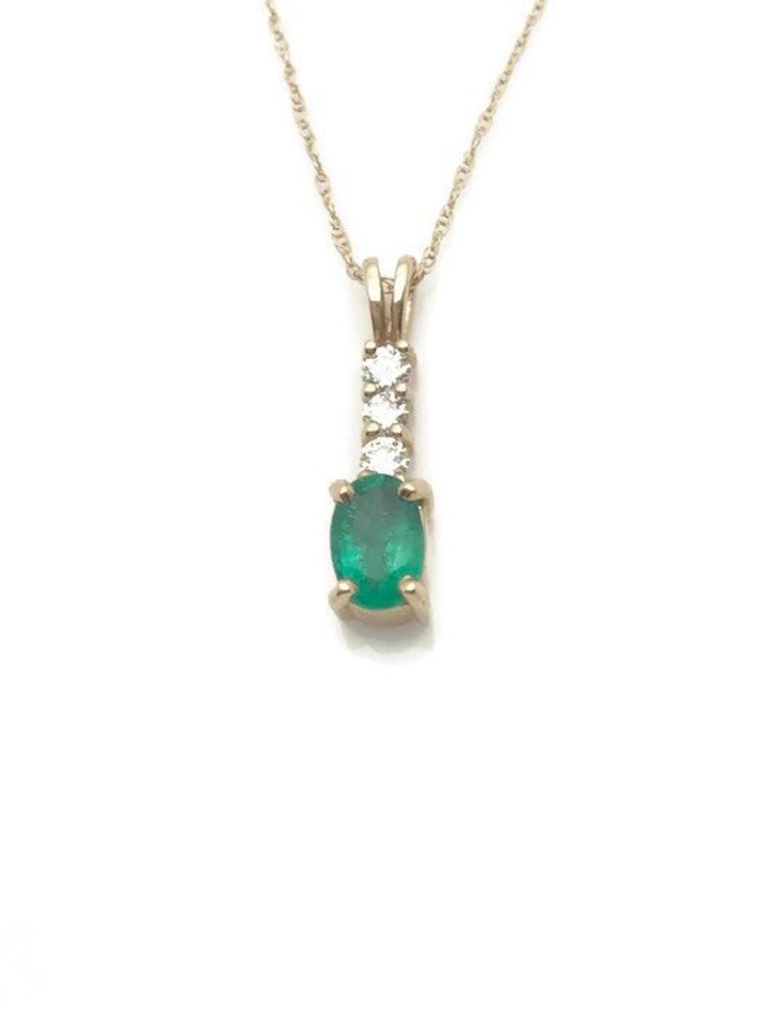 Emerald Necklace, 14k Gold Genuine Emerald Diamond Necklace, Dainty ...