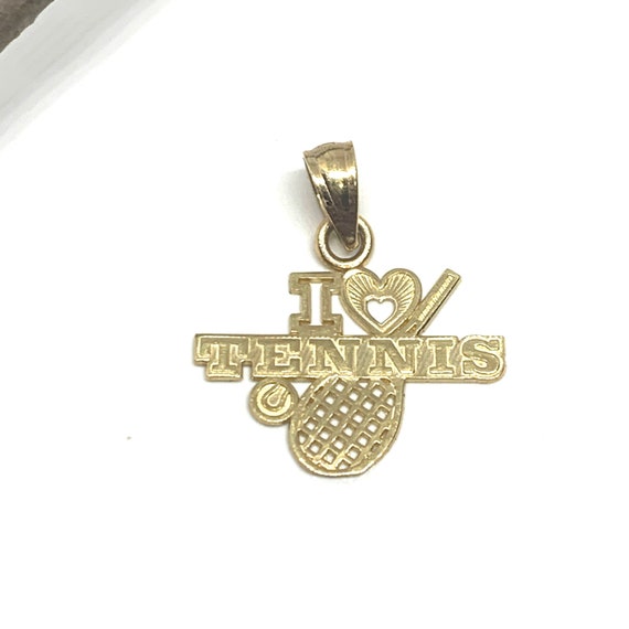 14k Gold I Love Tennis Charm Pendant, Tennis Rack… - image 6