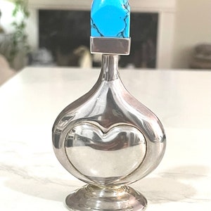 Vintage Sterling Silver Perfume Bottle With Turquoise Cap, Heart Bottle Unique Gift For Her, Heirloom Wedding, Fragrance Gift