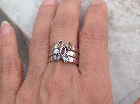 Sterling Stack Rings,  Silver Stacking Ring, Blue… - image 1