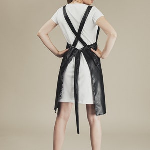 Personalized Black Faux Leather Apron: Cross Back Straps, Two Pockets