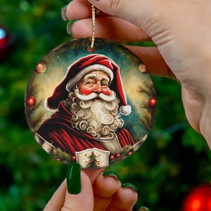 Santa Claus Ceramic Round Ornament, Christmas Tree Ornament, Ornament Gift, Christmas Tree Decor, Bauble for Holiday, Holiday Round Ornament