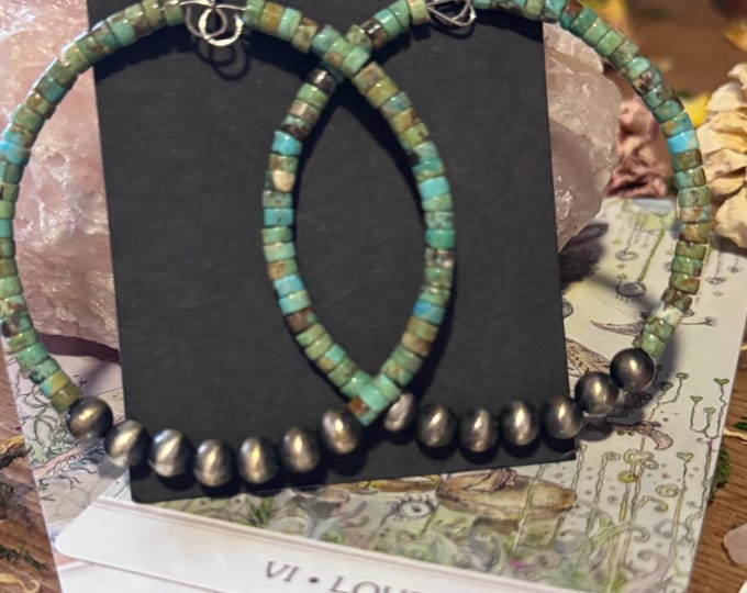Genuine Turquoise and Sterling Hoop Earrings- 2 inches