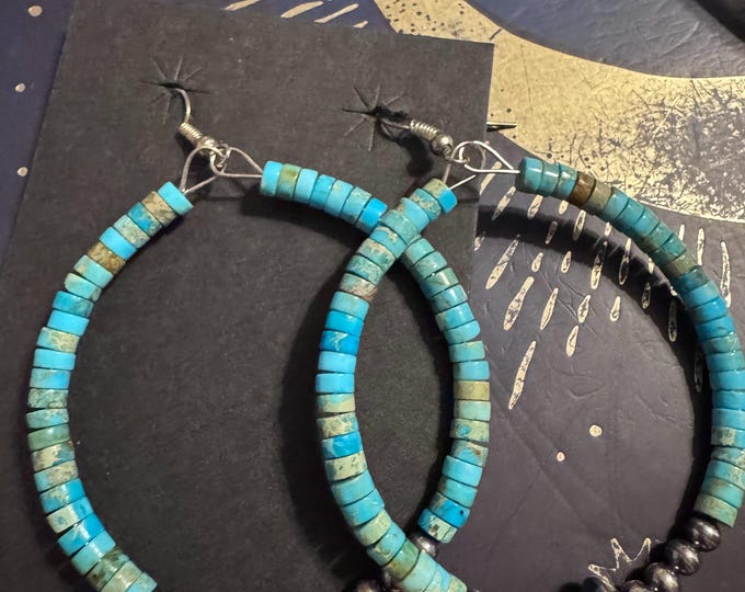 Turquoise and Sterling Navajo Pearls 2 inch Diameter Hoops