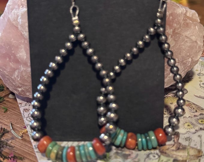 Sterling Navajo Pearls- Orange Spiny- and Turquoise Teardrop Hoops