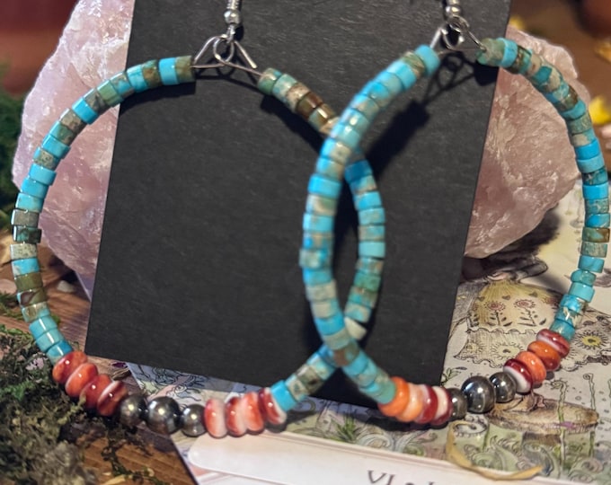 Turquoise - Spiny- and Sterling Navajo Pearl Hoops