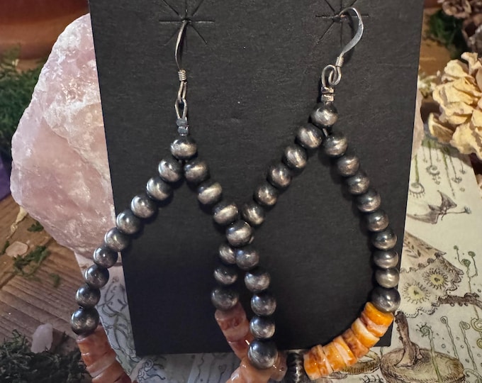 Orange Spiny and Sterling Navajo Pearl Teardrop Hoop Earrings