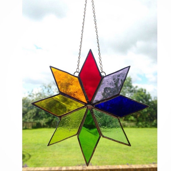 Rainbow Coloured Stained Glass Star Suncatcher, Multi Coloured Star Window Decoration