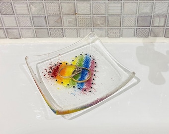 Fused Glass Rainbow Heart Ring Dish