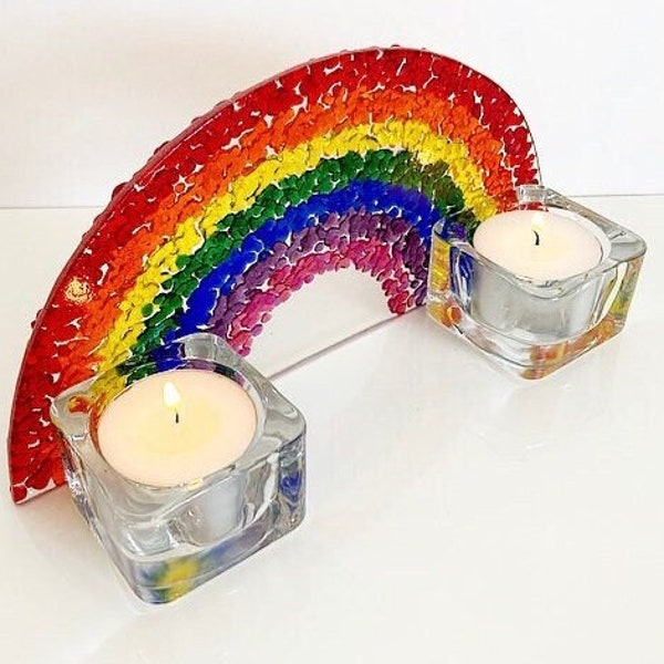 Fused Glass Rainbow Candle Holder, Double Tealight Holder