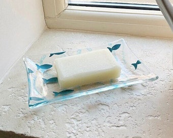 Handmade Glass Fish Soap Dish, Painted Turquoise Bathroom Decoration