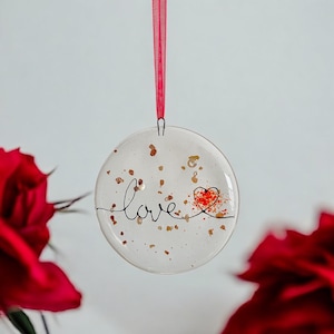 Handmade Fused Glass Valentines Day Gift, Love Heart Hanging Decoration with Gold Details