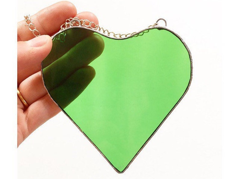 Stained Glass Decoration Made by Alice Stained Glass Art Green Glass Hanging Heart Love Heart Suncatcher