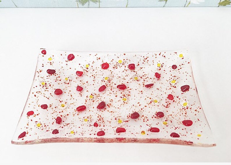 Handcrafted fused glass red daisy jewellery dish