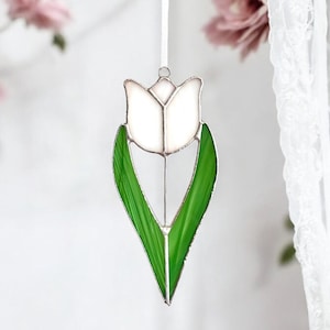 Stained Glass White Tulip Suncatcher, Hanging Flower Decoration