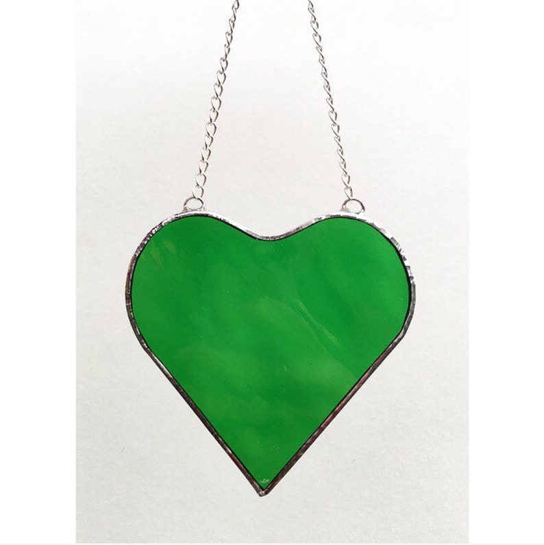 Stained Glass Decoration Made by Alice Stained Glass Art Green Glass Hanging Heart Love Heart Suncatcher