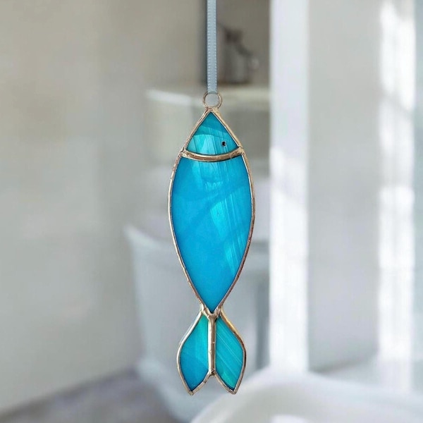Stained Glass Blue Fish Suncatcher, Hanging Bathroom Decoration