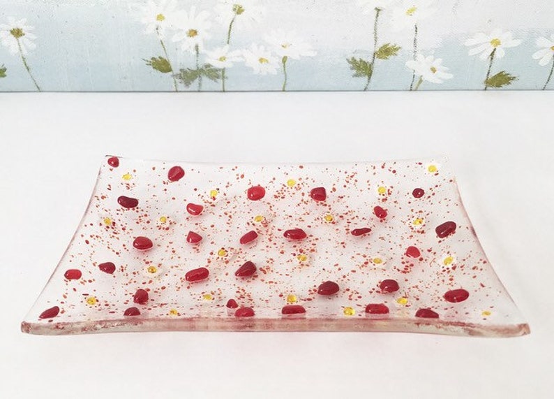 Handcrafted fused glass red daisy jewellery dish