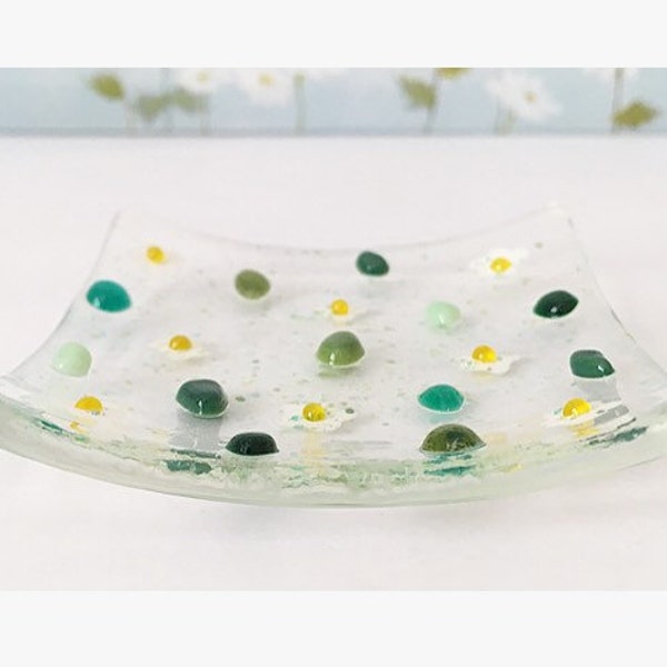 Green Glass Mini Dish, Fused Glass Flowers, Mother’s Day Gift, Small square dish