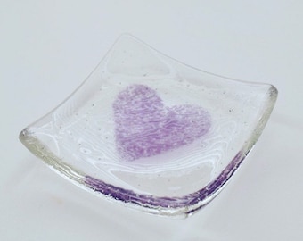 Handmade Purple Fused Glass Love Heart Jewellery Dish, Small Square Dish